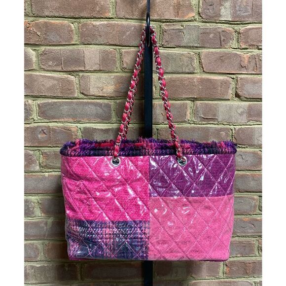 Chanel Authentic Pink Tweed Quilted Patchwork Vinyl Tote Bag - Picture 2 of 10